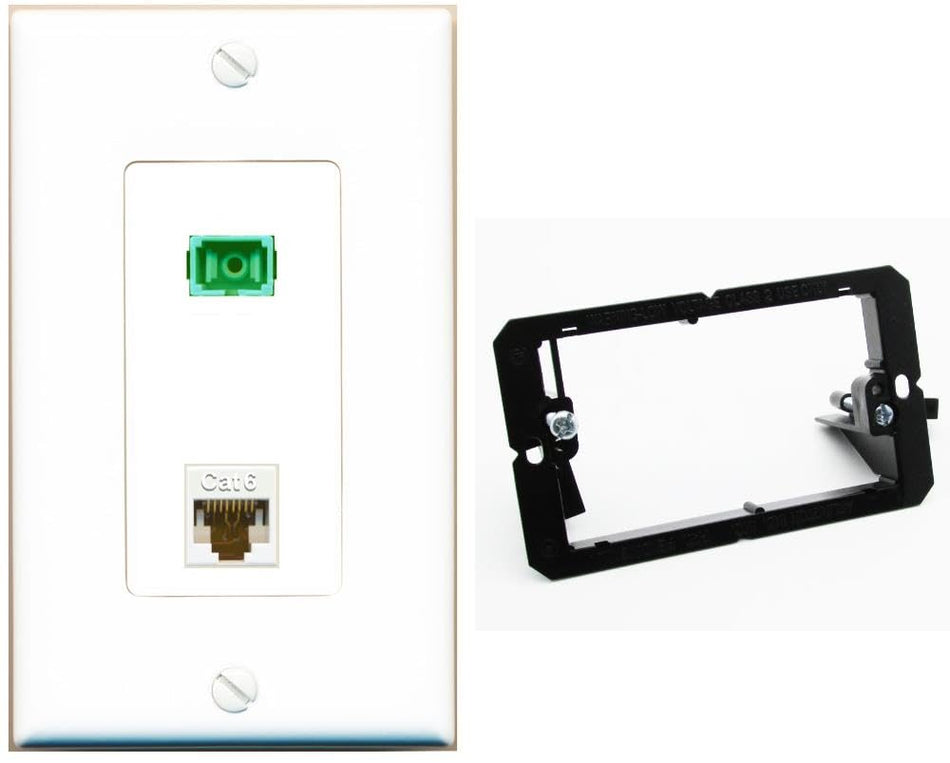 RiteAV 1 Port Fiber Optic Jack SC Simplex APC + Cat6 Wall Plate-Bracket White