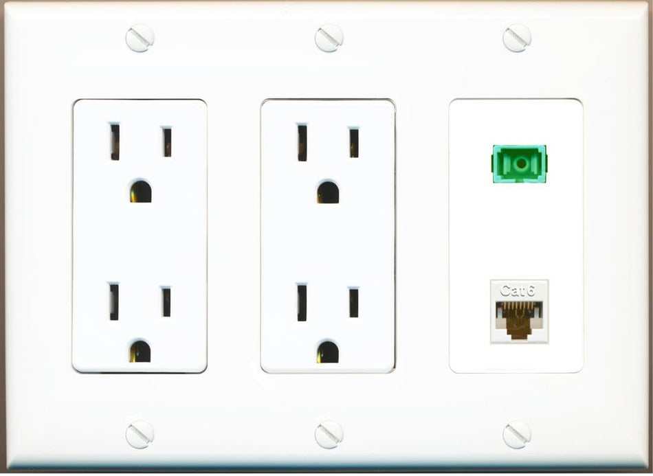 RiteAV 1 Port Fiber Optic Jack SC Simplex APC + Cat6 Wall Plate-2 Outlet White