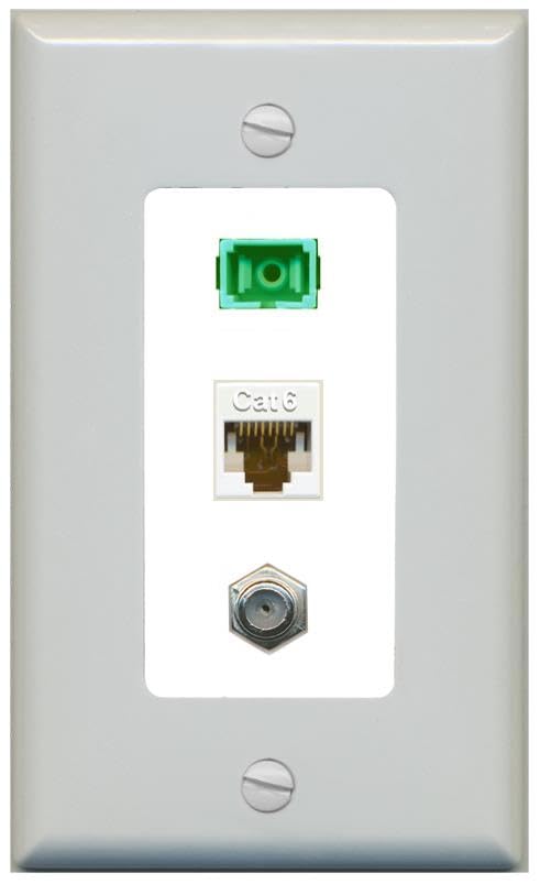 RiteAV 1 Port Fiber Optic Jack SC Simplex APC + Cat6 + Coax Wall Plate-1 Gang Gray/White