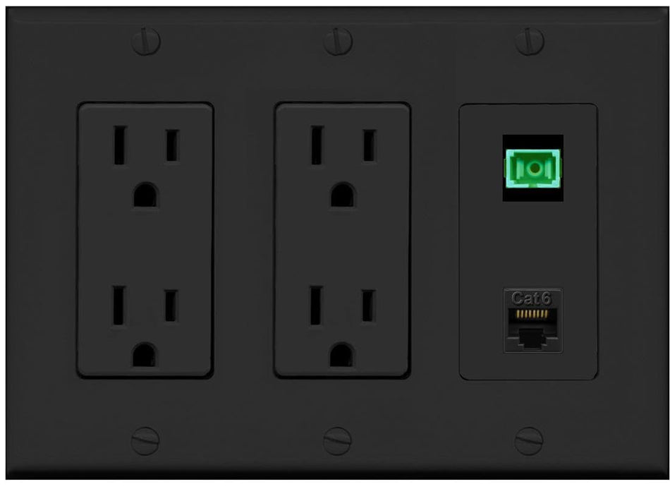 RiteAV 1 Port Fiber Optic Jack SC Simplex APC + Cat6 Wall Plate-2 Outlet Black/Black