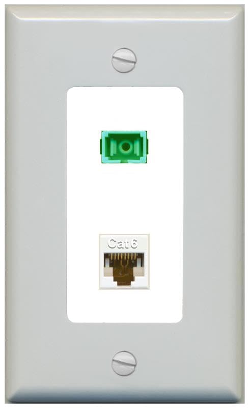 RiteAV 1 Port Fiber Optic Jack SC Simplex APC + Cat6 Wall Plate-1 Gang Gray/White