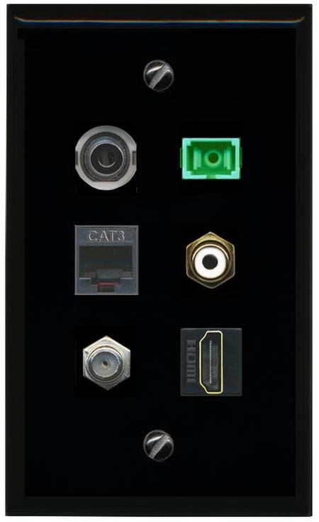 RiteAV 3.5mm COAX HDMI PHONE RCA WHITE SC APC Simplex Fiber Flat/Solid Wall Plate [Black]