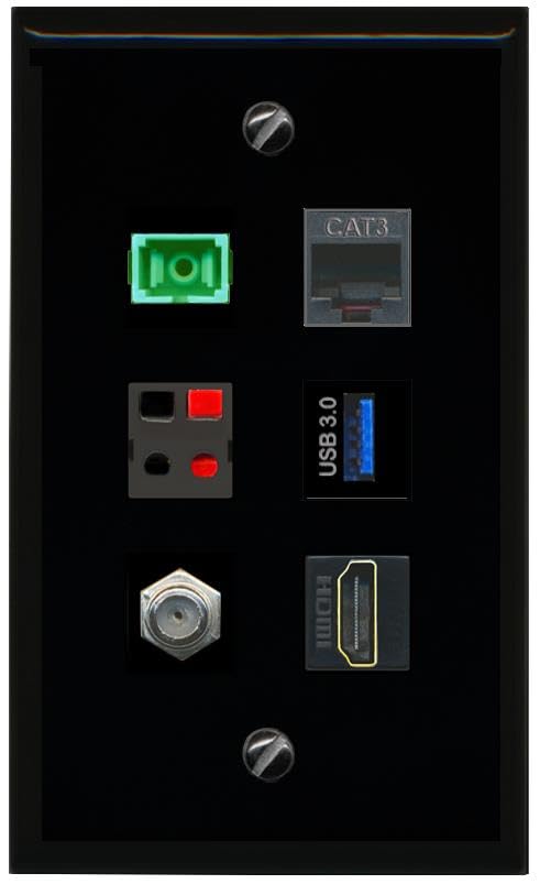 RiteAV COAX HDMI PHONE SC APC Simplex Fiber SPEAKER USB 3 Flat/Solid Wall Plate [Black]