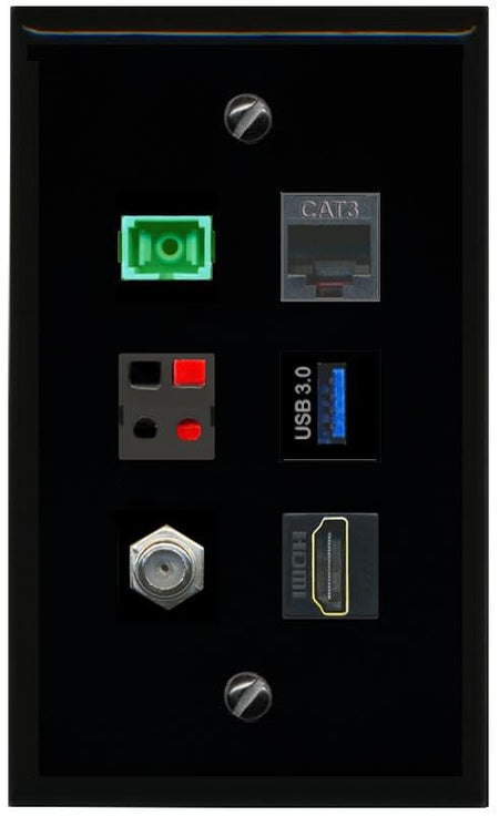 RiteAV COAX HDMI PHONE SC APC Simplex Fiber SPEAKER USB 3 Flat/Solid Wall Plate [Black]
