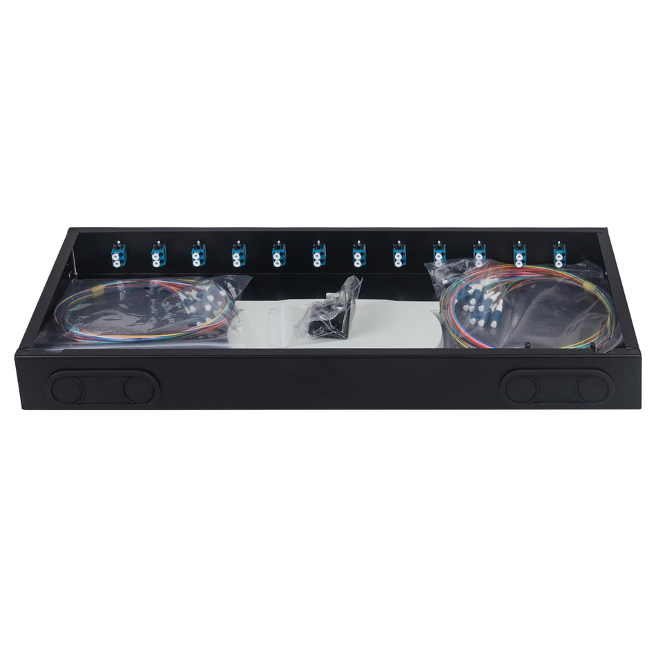 RiteAV -12 Duplex Single Mode 24 Port LC Rack Mount Enclosure Box + Splice Trays Fiber Cables LC-UPC Kit, 24 Core LGX Patch Panel Box fits for 19" Racks Cabinet (Include Pigtail & Couplers)