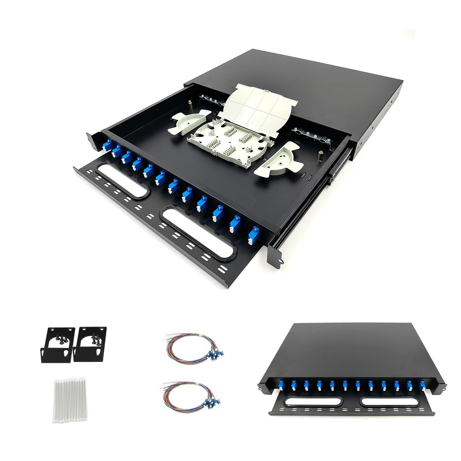 RiteAV - 1 Pack 12 Duplex Singlemode 24 Port LC Fiber Optic Rack Mount Enclosure Box with Pigtails & Couplers, 24 Core LGX Patch Panel Box (Drawer Type Design) fits for 19" Racks Cabinet