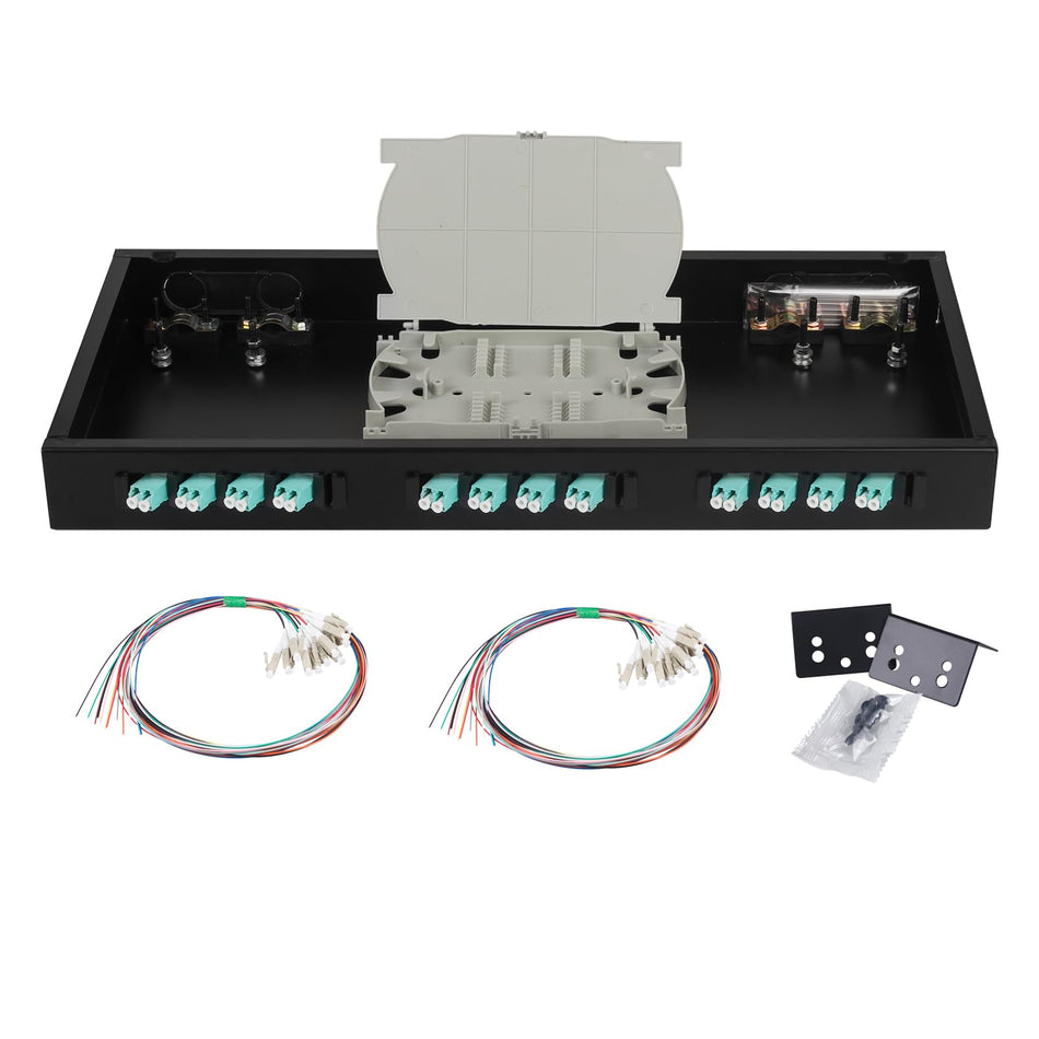 RiteAV - 12 Duplex 24 Port LC Multimode OM3 Rack Mount Enclosure Box with Pigtails & Couplers, 24 Core LGX Patch Panel Box fits for 19" Racks Cabinet