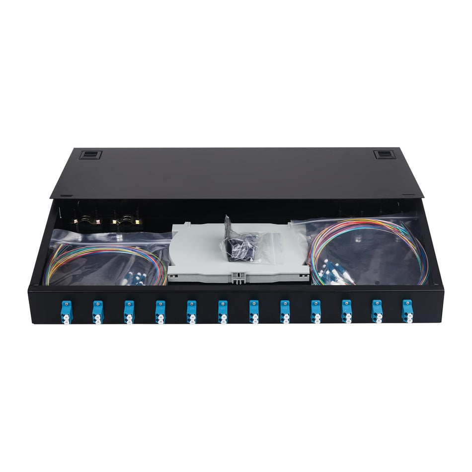 RiteAV -12 Duplex Single Mode 24 Port LC Rack Mount Enclosure Box + Splice Trays Fiber Cables LC-UPC Kit, 24 Core LGX Patch Panel Box fits for 19" Racks Cabinet (Include Pigtail & Couplers)