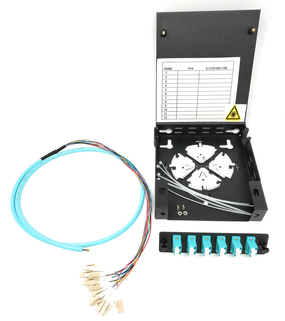Ultra Spec Cables 12 Port Wall Mount Fiber Enclosure with Spool OM3 Multimode LC-UPC Kit (Includes a 1 Meter 12 Strand LC-UPC OM3 Pigtail and 6 Port Duplex OM3 LGX Loaded Panel for Splice