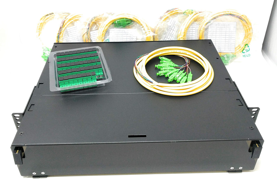 Ultra Spec Cables 2U 48 Port 19" Rack Mount Fiber Enclosure Singlemode SC-APC Kit (Includes 8 x 3 Meter 12 Strand SC-APC Pigtails and 48 x SC-APC Adapters) for Splice