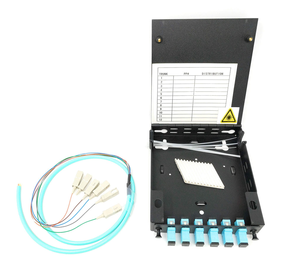 Ultra Spec Cables 6 Port Wall Mount Fiber Enclosure with Splicing Module Multimode OM3 Simplex SC-UPC Kit (includes a 1 Meter 6 Strand SC-UPC OM3 Pigtail and 6 Port SC-UPC Simplex LGX Loaded Panel)
