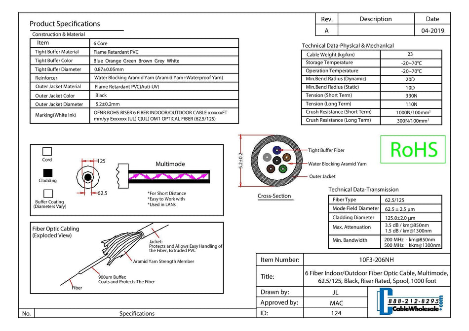 CableWholesale 6 Fiber Indoor/Outdoor Fiber Optic Cable, Multimode, 62.5/125 Micron, Black, Riser Rated, Spool, 1000 feet