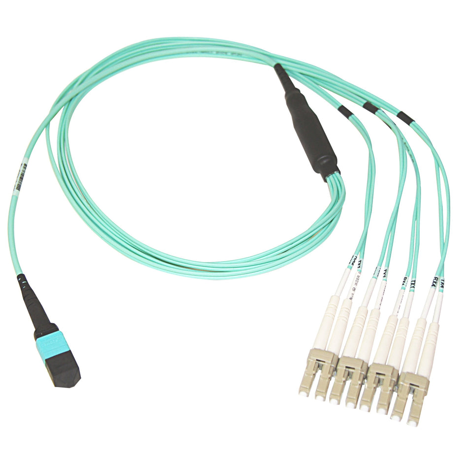 CableWholesale Plenum Fiber Optic Cable, 40 Gigabit Ethernet QSFP 40GBase-SR4 to MTP(MPO)/LC (4 Duplex LC) 24 inch Breakout Cable, OM3, 50/125, 1 meter (3 feet)