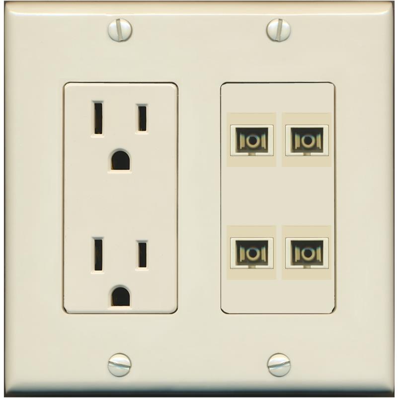 RiteAV 4 Port SC Fiber Optic Simplex Multimode Wall Plate - Outlet [Light-Almond]
