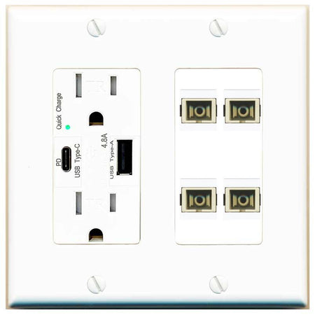 RiteAV 4 Port SC Fiber Optic Simplex Multimode Wall Plate - USB AC Charger [White]