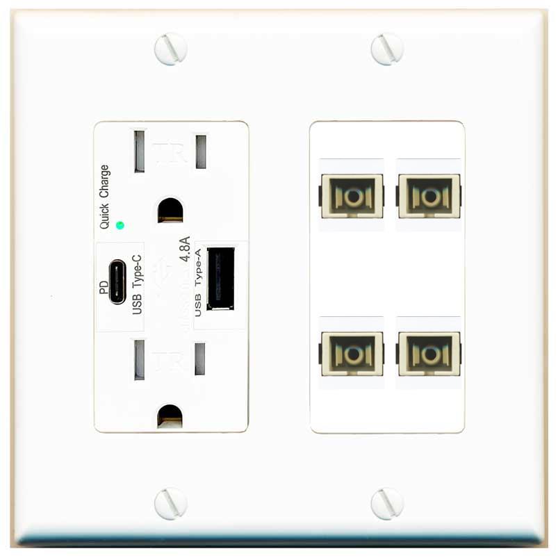 RiteAV 4 Port SC Fiber Optic Simplex Multimode Wall Plate - USB AC Charger [White]