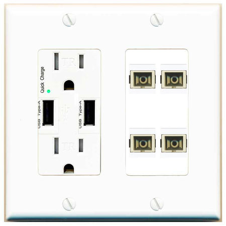RiteAV 4 Port SC Fiber Optic Simplex Multimode Wall Plate - USB Charger [White]