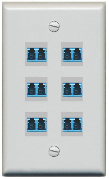 RiteAV 6 Port LC Fiber Optic Singlemode Duplex Wall Plate - Flat Style [Gray/Gray]