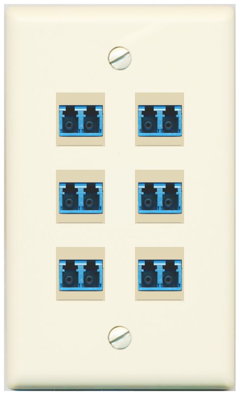 RiteAV 6 Port LC Fiber Optic Singlemode Duplex Wall Plate - Flat Style [Light-Almond]