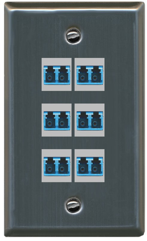 RiteAV 6 Port LC Fiber Optic Singlemode Duplex Wall Plate - Flat Style [Stainless Steel]