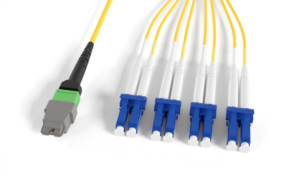 RiteAV OS2 9/125Â MTP Female to LCx4 Duplex Singlemode 8 Fibers OFNP Breakout Optic Cable Type B, Yellow 1M