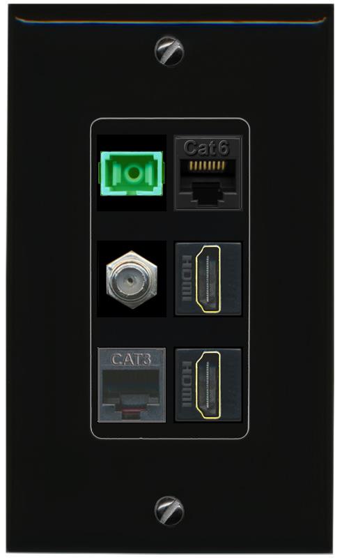 RiteAV 1 Port Fiber Optic Jack SC Simplex APC + Cat6 + Coax + 2 x HDMI + Phone Wall Plate-1 Gang White