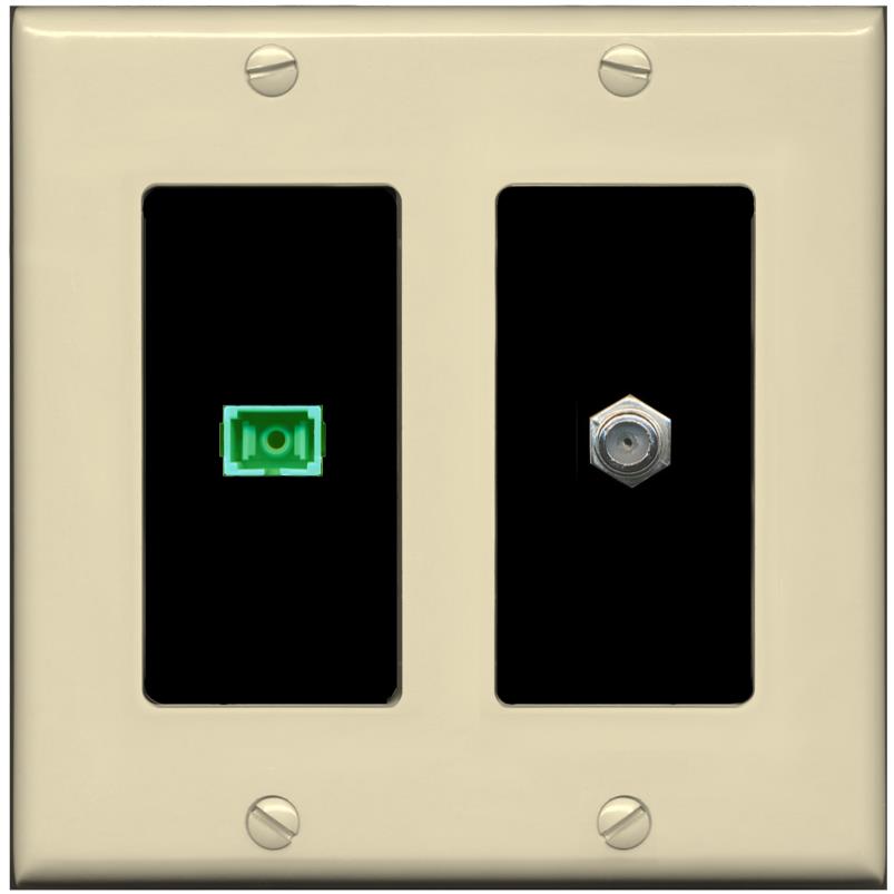 RiteAV 1 Port SC-APC Fiber Simplex Coax Cable TV Wall Plate - 2 Gang [Ivory/Black]