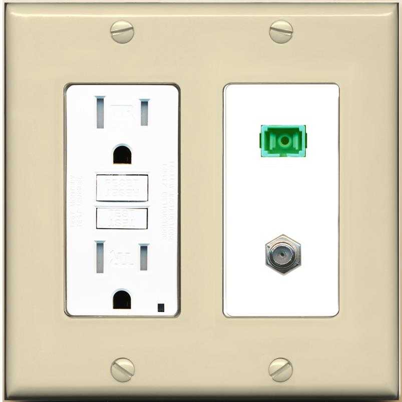 RiteAV 1 Port SC-APC Fiber Simplex Coax Cable TV Wall Plate - GFCI [Ivory/White]