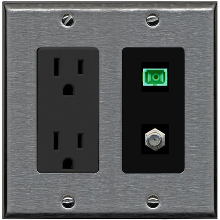 RiteAV 1 Port SC-APC Fiber Simplex Coax Cable TV Wall Plate - Outlet [Stainless/Black]