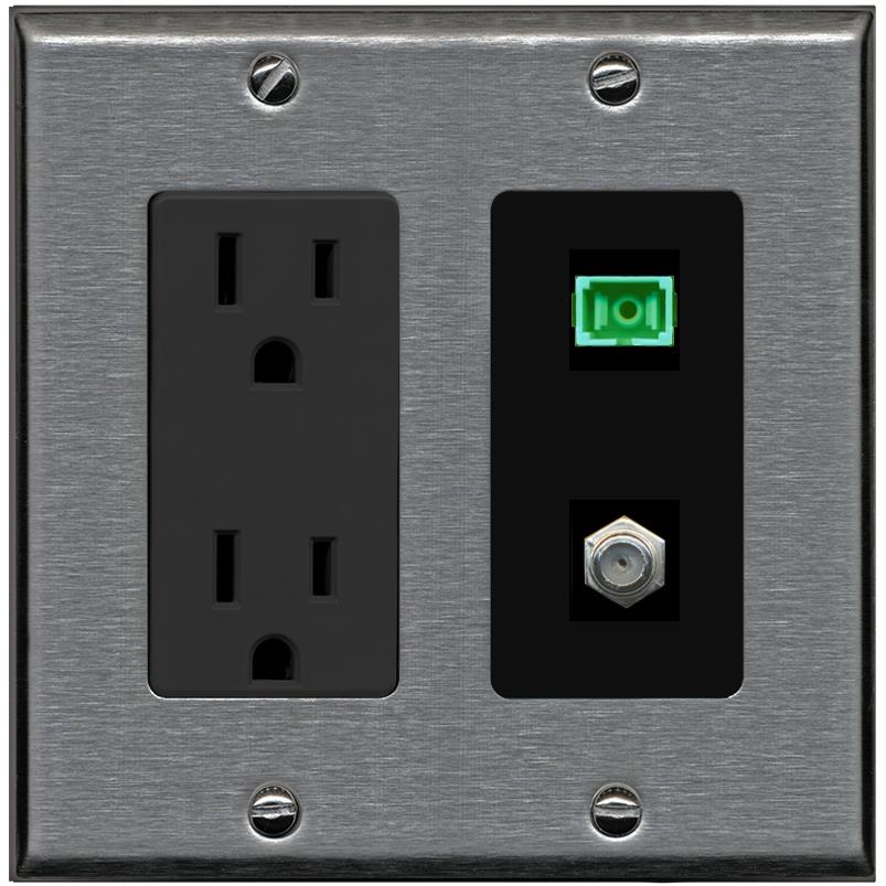 RiteAV 1 Port SC-APC Fiber Simplex Coax Cable TV Wall Plate - Outlet [Stainless/Black]