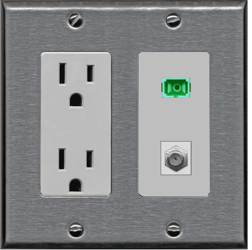 RiteAV 1 Port SC-APC Fiber Simplex Coax Cable TV Wall Plate - Outlet [Stainless/Gray]