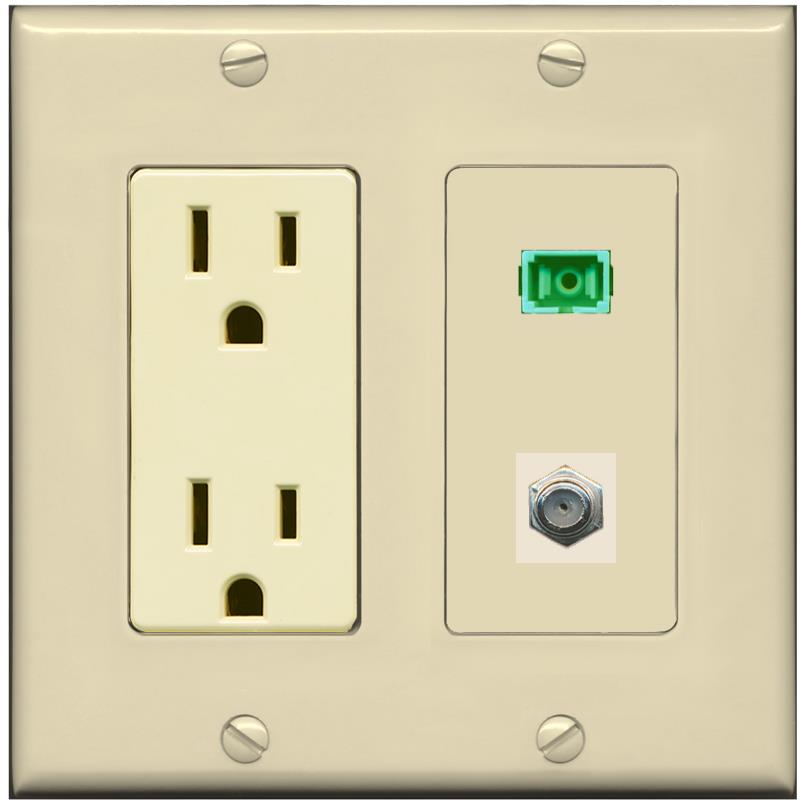 RiteAV 1 Port SC-APC Fiber Simplex Coax Cable TV Wall Plate - Outlet [Ivory/Ivory]