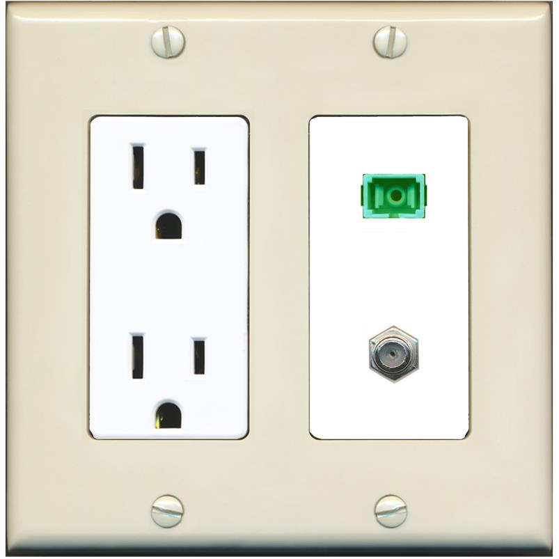 RiteAV 1 Port SC-APC Fiber Simplex Coax Cable TV Wall Plate - Outlet [Light-Almond/White]