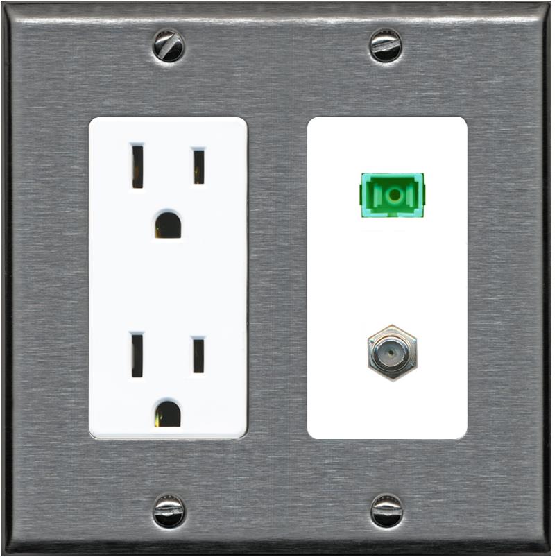 RiteAV 1 Port SC-APC Fiber Simplex Coax Cable TV Wall Plate - Outlet [Stainless/White]