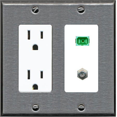 RiteAV 1 Port SC-APC Fiber Simplex Coax Cable TV Wall Plate - Outlet [Stainless/White]