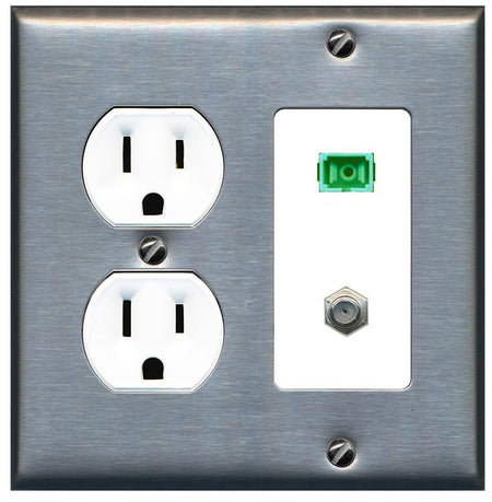 RiteAV 1 Port SC-APC Fiber Simplex Coax Cable TV Wall Plate - Round Outlet [Stainless/White]