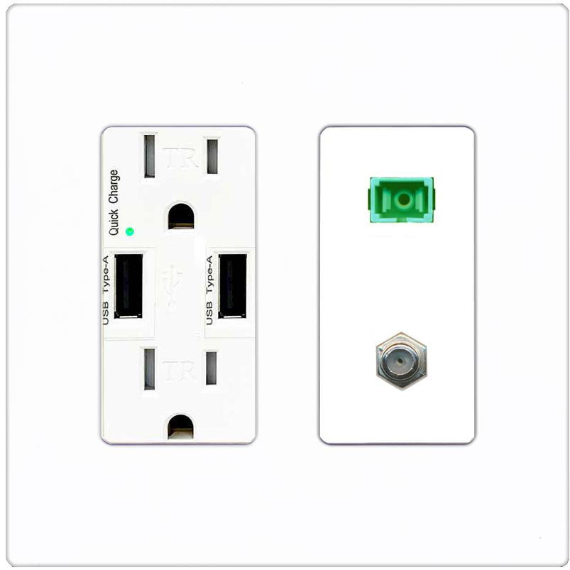 RiteAV 1 Port SC-APC Fiber Simplex Coax Cable TV Wall Plate - USB Charger [Screwless White]