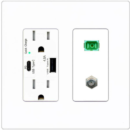 RiteAV 1 Port SC-APC Fiber Simplex Coax Cable TV Wall Plate - USB A+C Charger [Screwless White]