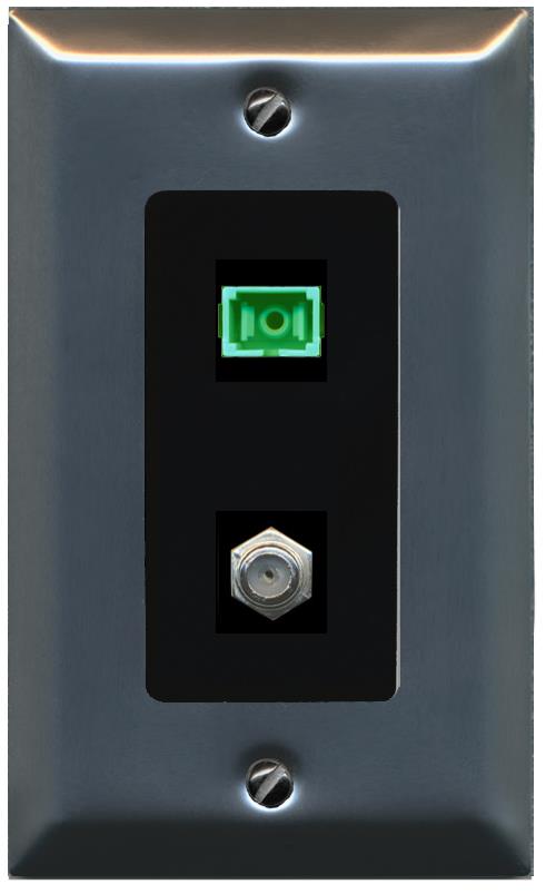 RiteAV 1 Port SC-APC Fiber Simplex Coax Cable TV Wall Plate - 1 Gang [Stainless/Black]
