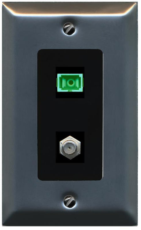 RiteAV 1 Port SC-APC Fiber Simplex Coax Cable TV Wall Plate - 1 Gang [Stainless/Black]