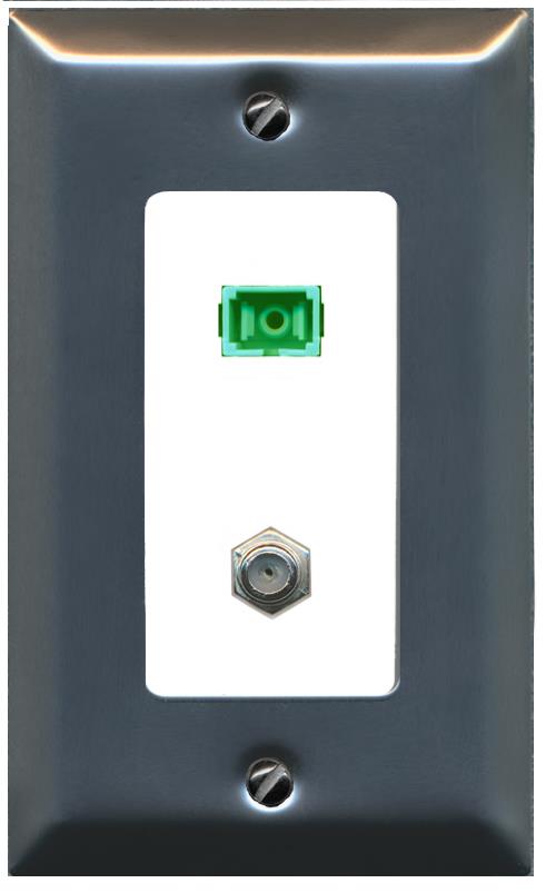 RiteAV 1 Port SC-APC Fiber Simplex Coax Cable TV Wall Plate - 1 Gang [Stainless/White]