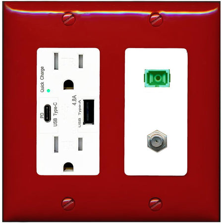 RiteAV 1 Port SC-APC Fiber Simplex Coax Cable TV Wall Plate - USB A+C Charger [Red/White]