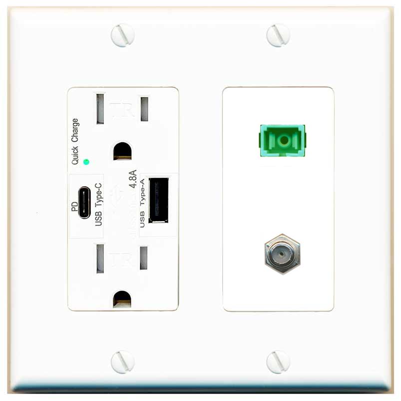 RiteAV 1 Port SC-APC Fiber Simplex Coax Cable TV Wall Plate - USB A+C Charger [White]