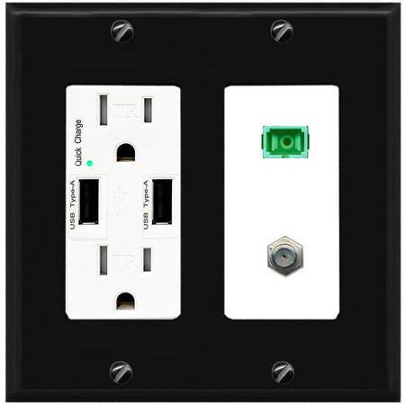 RiteAV 1 Port SC-APC Fiber Simplex Coax Cable TV Wall Plate - USB Charger [Black/White]