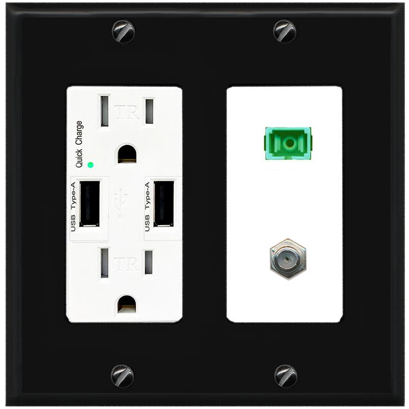 RiteAV 1 Port SC-APC Fiber Simplex Coax Cable TV Wall Plate - USB Charger [Black/White]