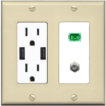 RiteAV 1 Port SC-APC Fiber Simplex Coax Cable TV Wall Plate - USB Charger [Ivory/White]