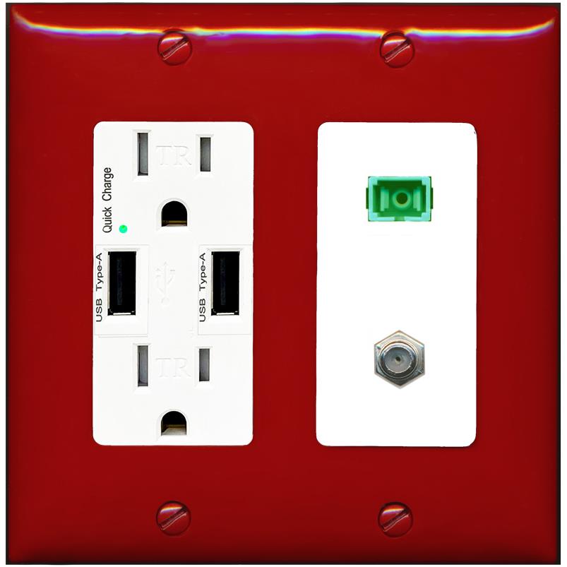 RiteAV 1 Port SC-APC Fiber Simplex Coax Cable TV Wall Plate - USB Charger [Red/White]