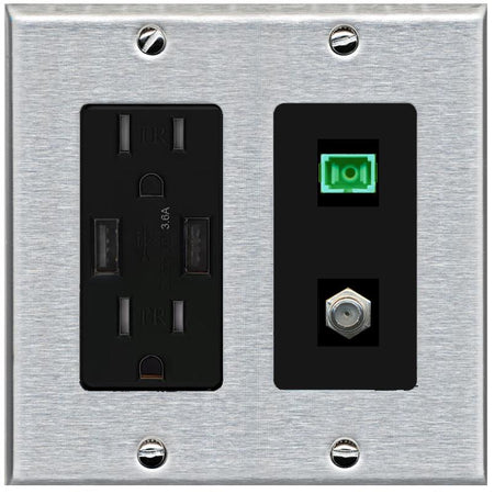 RiteAV 1 Port SC-APC Fiber Simplex Coax Cable TV Wall Plate - USB Charger [Stainless/Black]