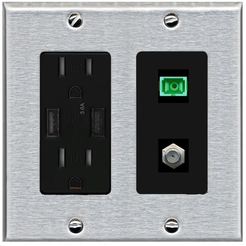 RiteAV 1 Port SC-APC Fiber Simplex Coax Cable TV Wall Plate - USB Charger [Stainless/Black]