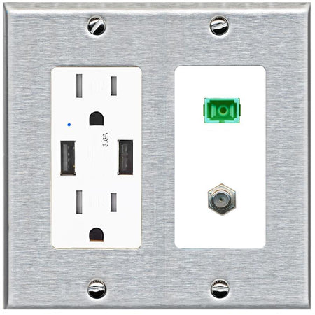 RiteAV 1 Port SC-APC Fiber Simplex Coax Cable TV Wall Plate - USB Charger [Stainless/White]